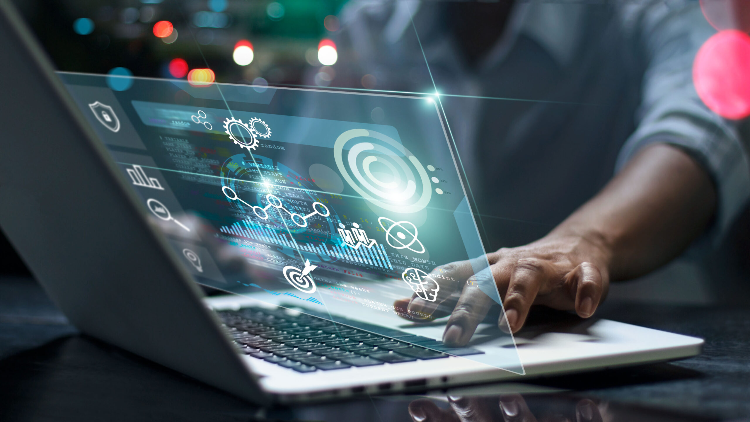 Data scientists. Male programmer using laptop analyzing and developing in various information on futuristic virtual interface screen. Algorithm